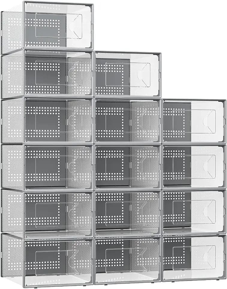 Foluck X-Large Shoe Storage Box, 15 Pack Clear Plastic Stackable Shoe Organizer for Closet, Interlocking Design Shoe Container Bins for Sneakers, Foldable Shoe Rack with Lids, Gray