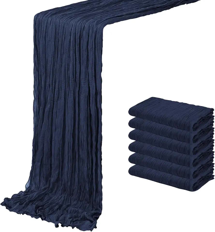 6 Pack Navy Blue Cheesecloth Table Runner 20 x 120 inch Gauze Table Runners 10 FT Long,Semi Sheer Boho Cheese Cloth Fabric Table Runner Bulk for Wedding,Party,Baby Shower,Bridal Shower Decoration