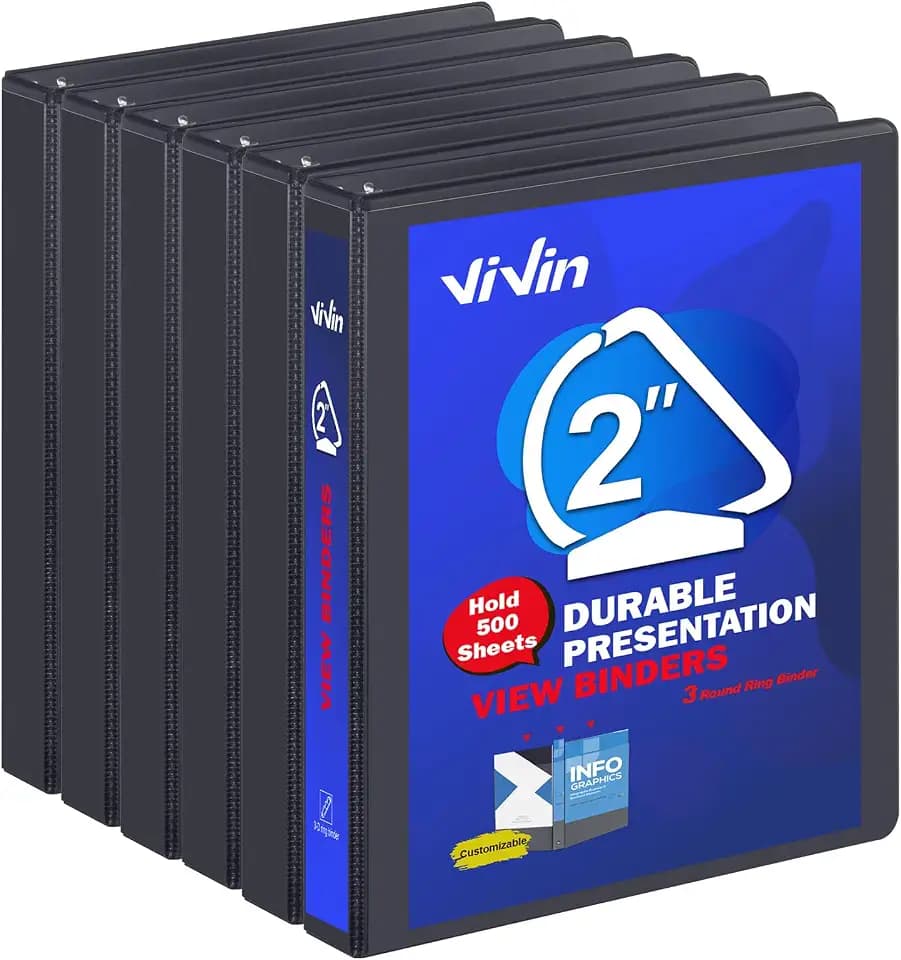 ViVin Sturdy 3 Ring Binder 2 Inch with 2 Interior Pockets, 6 Pack, Black