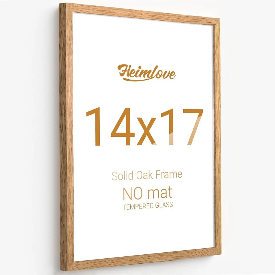 Heimlove 14x17 Picture Frames Solid Oak Wood,14 x 17 Photos Frame with Tempered Glass,Wall Gallery Poster Frame with No Mat,Horizontal and Vertical for Wall Mounting,Home Office Decoration,Natural Oak Color