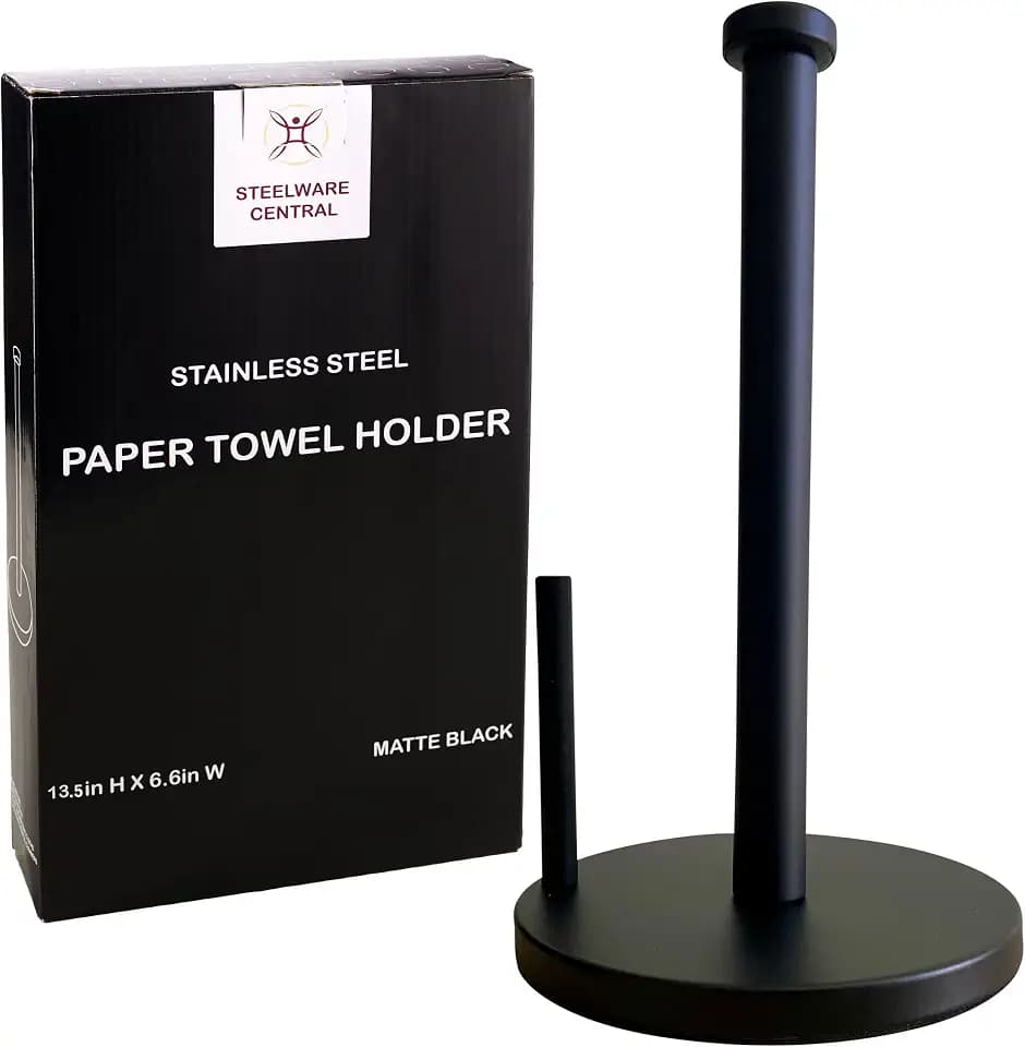 Black Paper Towel Holder Countertop - Weighted Stainless Steel Paper Towel Stand with Non-Slip Base & One-Hand Tear Design for Kitchen, Fits Standard & Jumbo Rolls