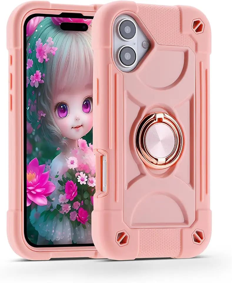MARKILL Compatible with iPhone 16 Case 6.1 Inch with Ring Stand, Military Grade Drop Protection Full Body Rugged Heavy Duty Case 3 in 1 Protective Durable Cover for iPhone 16 Pink