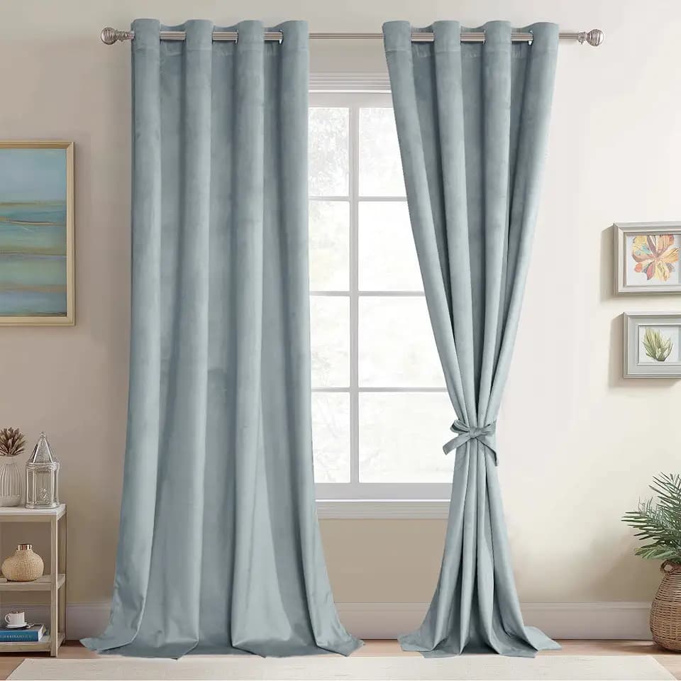 JIUZHEN Stone Blue Velvet Blackout Curtains 96 Inch for Living Room