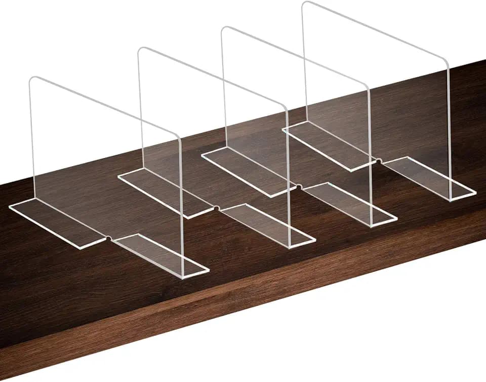 Tasybox Acrylic Shelf Dividers, Clear Closet Divider Separator for Wood Shelves, Closets, Kitchen Cabinets, Bedroom Office Bookshelves 4 Pack