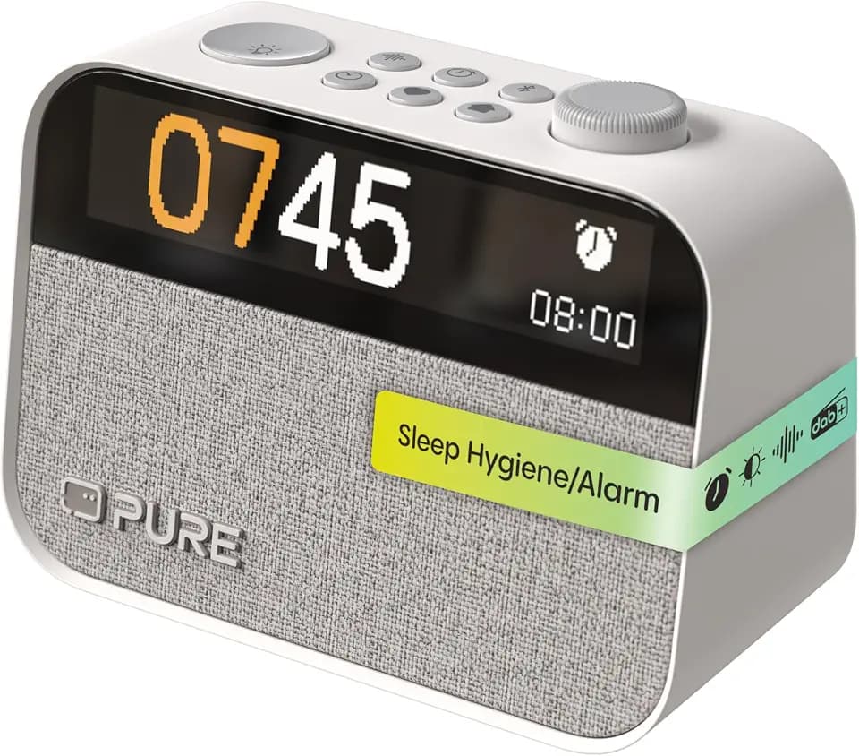 Pure Moment Radiowecker für Schlafzimmer & Büro (DAB+/FM Digital Radio, Bluetooth, White Noise Geräusche Einschlafhilfe, Wake Up Light Lichtwecker, Nachtlicht, Alarm, dimmbares Display) Weiß
