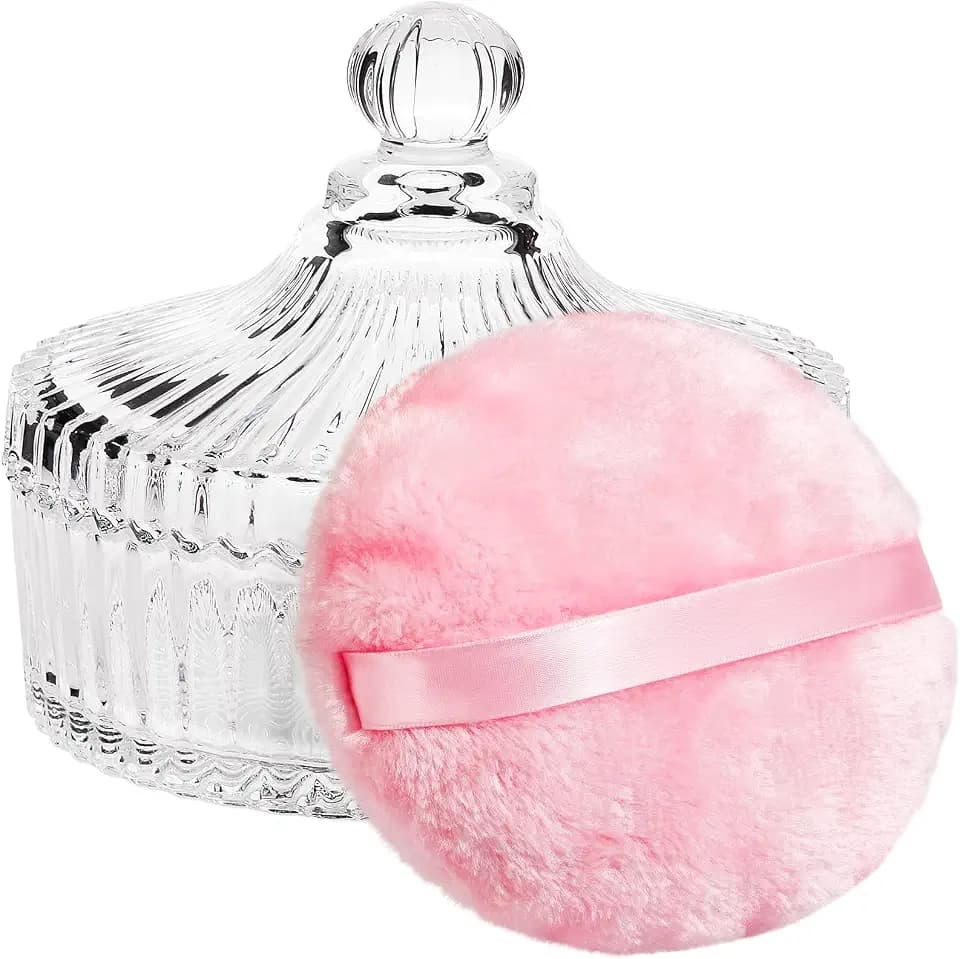 Teenitor Powder Puff 5.5" Extra Large Powder Puff and Container, Dusting Powder Container with Puff, Glass Crystal Powder Container for Body Powder Puff Pink