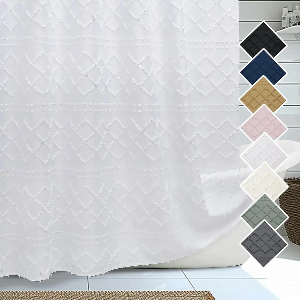Lecloud Extra Long White Shower Curtain Set 72x96 Inches, Fabric Modern Farmhouse Chic Textured Tufted Plaid Striped Minimalist Cute Hotel Tall Bathroom Curtain