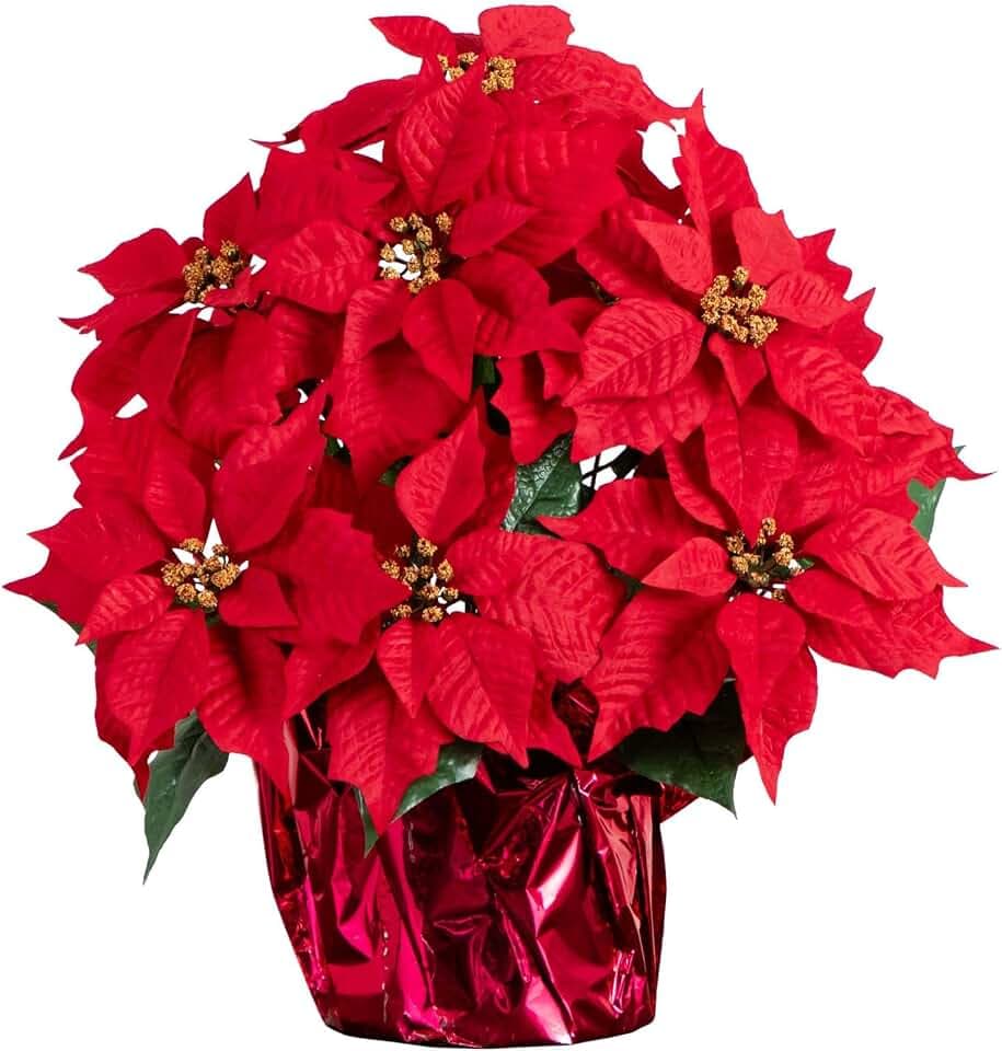 Nearly Natural 19 in Artificial Lush Red Poinsettia in Wrapped Planter