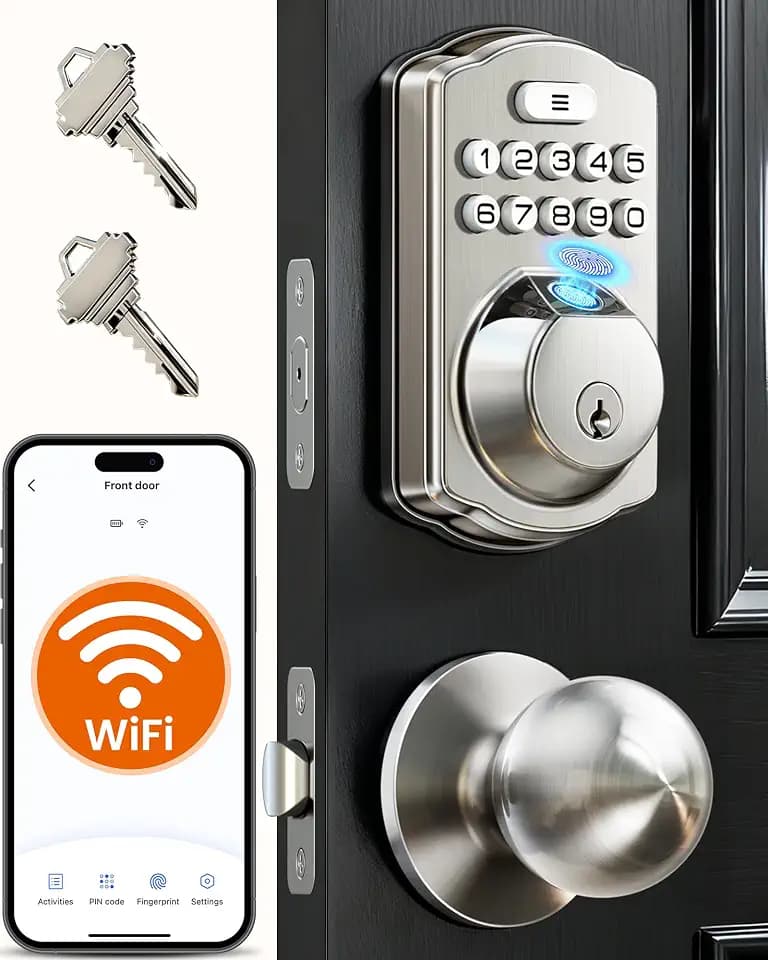 Veise VE012W-K WiFi Fingerprint Smart Lock with 2 Knob Set, Satin Nickel