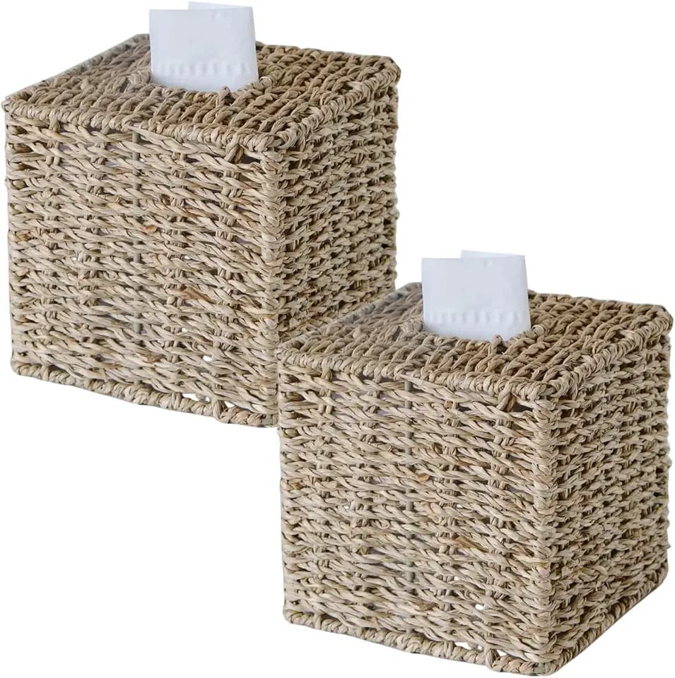 2 Pack Seagrass Tissue Box Cover Square, Handwoven Facial Tissue Box Holder