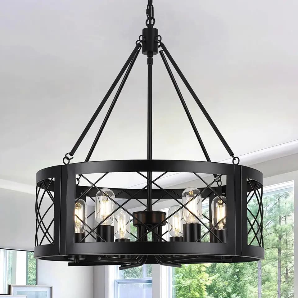 Black Farmhouse Chandelier for Dining Room, 22" Rustic Matte Black Drum Chandelier, 6-Light Round Cage Hanging Chandelier Light Fixture for Entryway, Foyer, Living Room, Kitchen, Bedroom