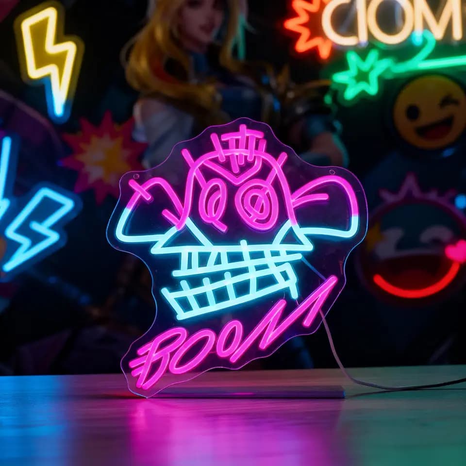 "BOOM!" Neon Sign with Cyberpunk Girl Art – 13.8"x12.2" Pink & Blue LED Wall Decor – Graffiti Style Light for Gaming Room, Bedroom & Street Art Space
