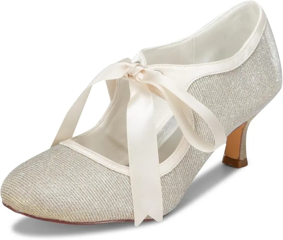 JIAJIA 140311 Women's Bridal Shoes Closed Toe Stiletto Heel Lace Satin Pumps Ribbon Tie Wedding Shoes