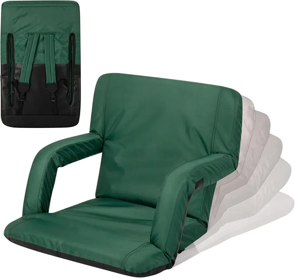 Picnic TIME Ventura Stadium Seat for Bleachers with Back Support - Portable Reclining Folding Chair, 6 Positions, Padded Cushion Armrests, Lumbar Adjustable Backrest, Backpack Straps, (Hunter Green)
