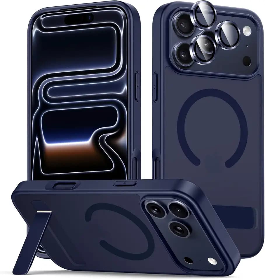 LEKEVO for iPhone 17 Pro Case with Stand, Compatible with MagSafe, Camera Lens Protector, Translucent Matte Slim Silicone Shockproof Magnetic Phone Cover, Blue