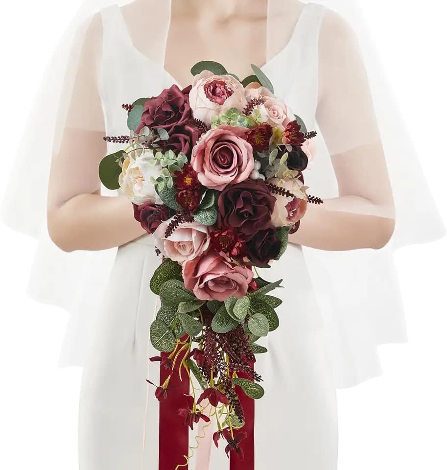 Serwalin 10 Inch Wedding Bouquets for Bride Bridesmaid, Burgundy Pink Bridal Bouquets for Bride, Artificial Bouquets of Flowers for Wedding Ceremony Bridal Shower and Anniversary Day Decor