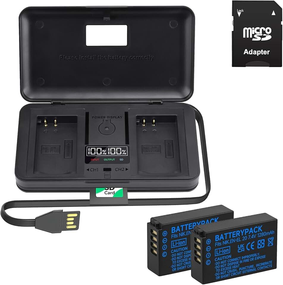 2 Stück EN-EL20 Akkus und Smart LCD Display Dual USB Ladegerät für Nikon Coolpix P1000, P950, P1100, Coolpix A, 1 J1, 1 J2, 1 J3, 1 S1, 1 V3, 1 AW1,DL24-500 Digital Kamera