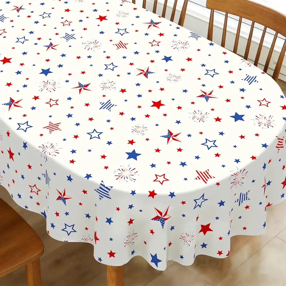 60"X84" Oval 4th of July Tablecloth Patriotic Water Resistant 140g Fabric Fourth of July Table Cloths for Memorial Day, Independence Day Indoor Outdoor Decorations