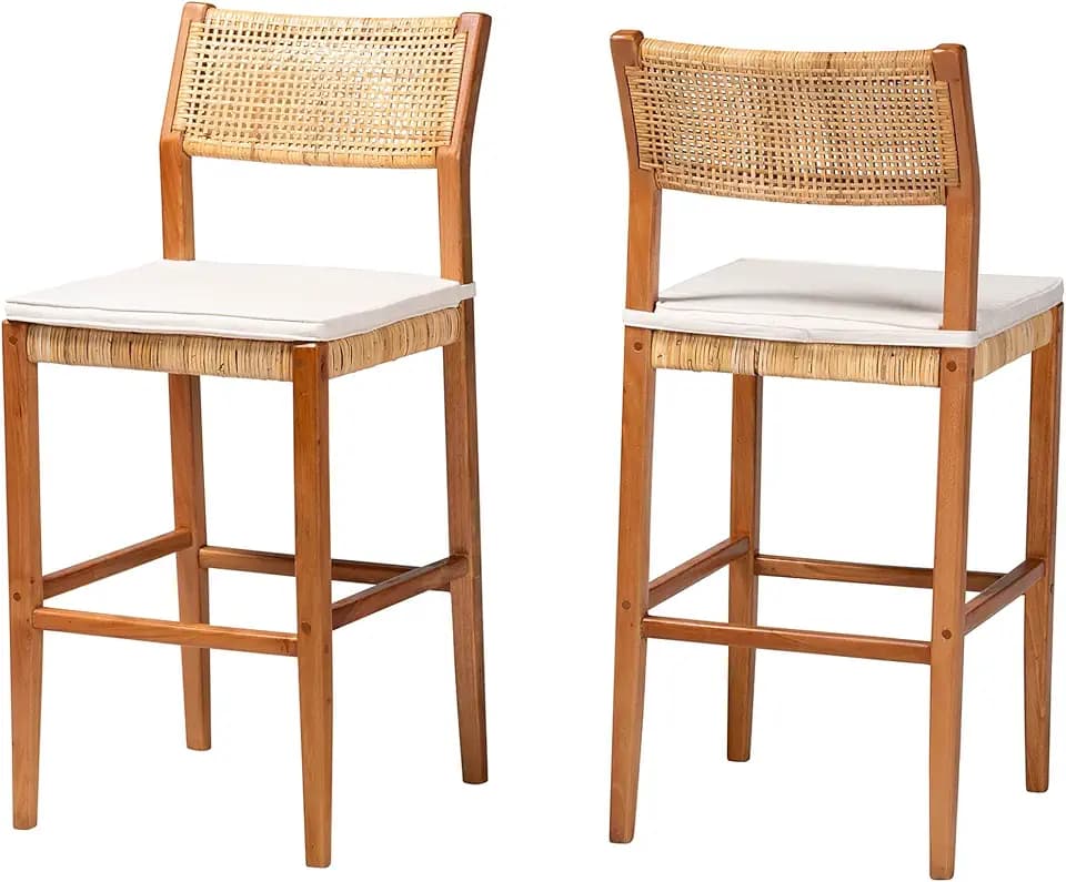 Bali & pari Chatura Natural Rattan and Mahogany Wood 2-Piece Bar Stool – Handwoven Wicker Stool with Angled Back, Coastal Boho Seating for Lounge, Bar Height