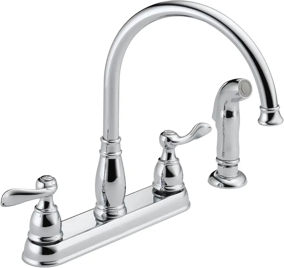 Delta Windemere Chrome Kitchen Faucet with Side Sprayer, Traditional 4 Hole Kitchen Sink Faucet, Two-Handle, Chrome 21996LF