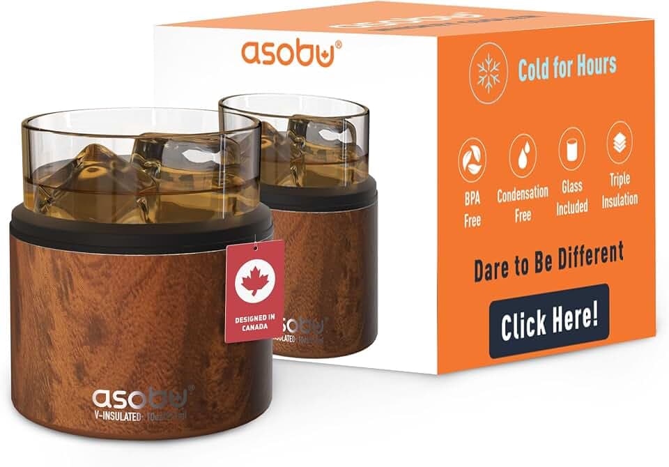 asobu Whiskey Glass with Insulated Stainless Steel Sleeve, 10.5 oz