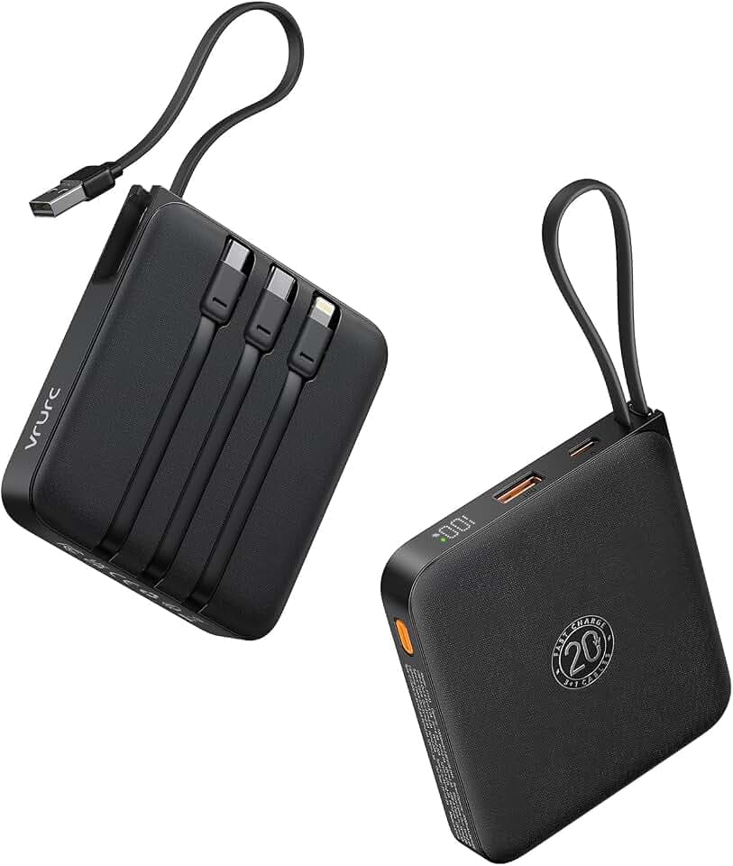 VRURC Powerbank 20000 mAh mit 4 integrierten Kabeln, 22.5W Schnellladen
