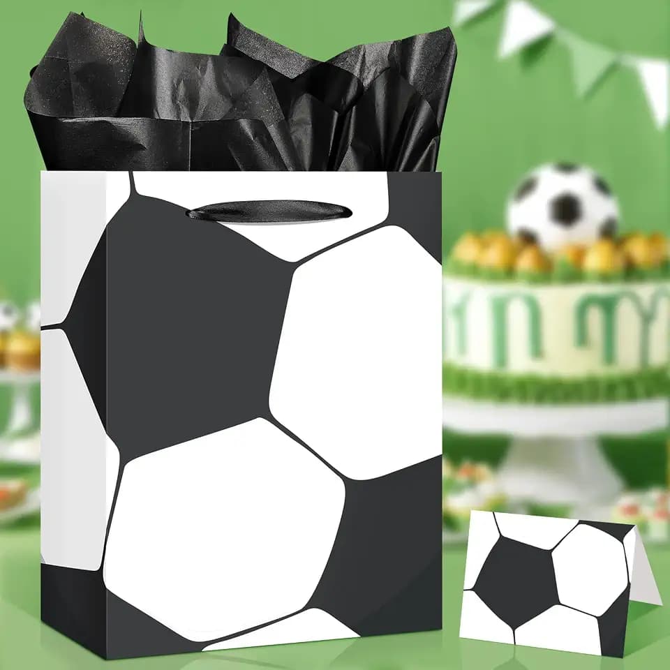 Black and White Soccer Party Gift Bag with Tissue Paper Card Decorations Soccer Ball Birthday Wrapping Bags for Boys Men Sports Team Baby Shower Party Favors Halloween Retirement Wrap Bags Supplies