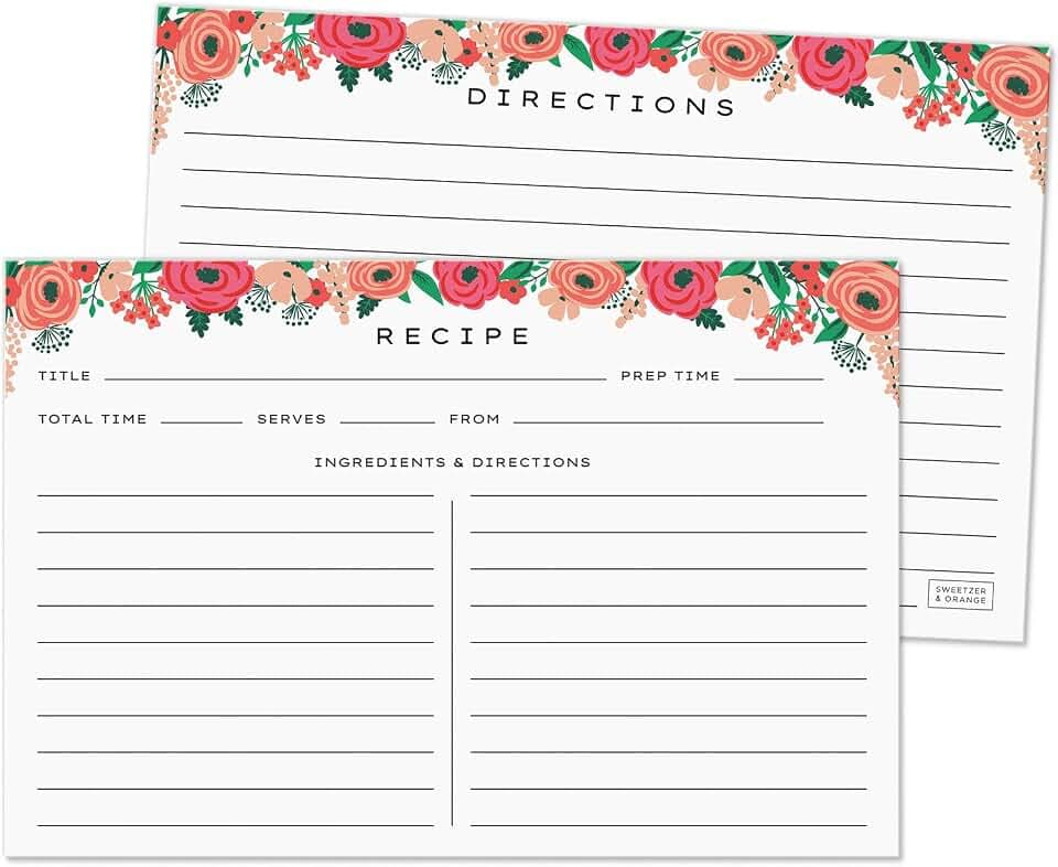 S&O 4x6 Recipe Cards. Set of 50 Floral, Blank Kitchen Sheets 4x6 Inches Double Sided. Large Cooking Index Paper Fits Standard 4x6 Recipe Box Perfect for Organizing & Preserving