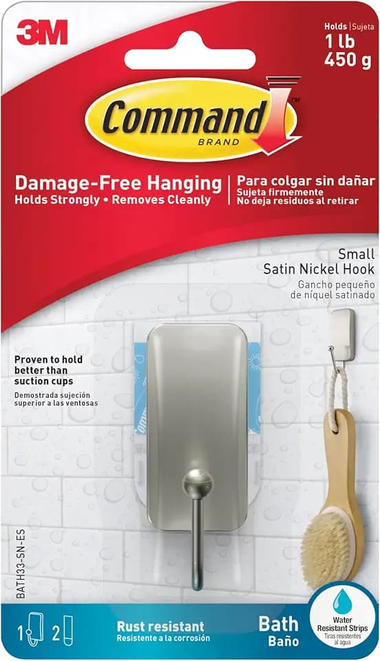 Command Small Satin Nickel Bath Hooks, 1 Hook, 2 Strips