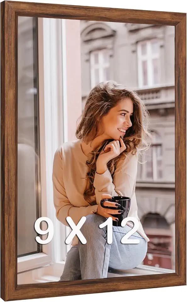 9x12 Wood Frame Brown, Rustic Natural Wooden 12x9in Poster Picture Frame, Distressed 9 x 12inch Woodgrain Gallery Photo Frame with HD Plexiglass, Horizontal Vertical Wall Mounting Display 1pcs