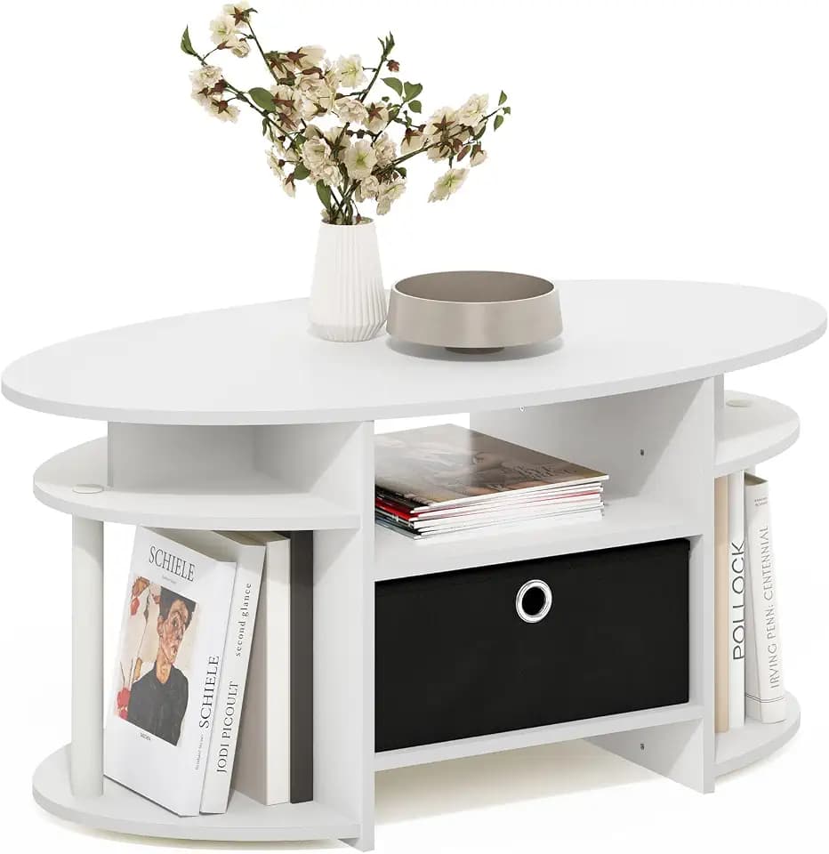 Furinno Jaya Coffee Table, Oval Modern Center Table with Side Shelves and Storage Bin, 35.4 Inch Wide, Side Table with Shelf, for Living Room, Bedroom, Home Office, White