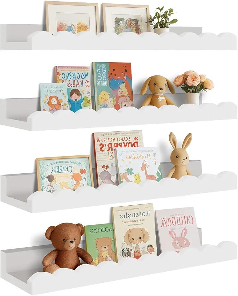 4-Pack Scalloped Shelves, Nursery Shelves, Floating Book Shelves for Wall