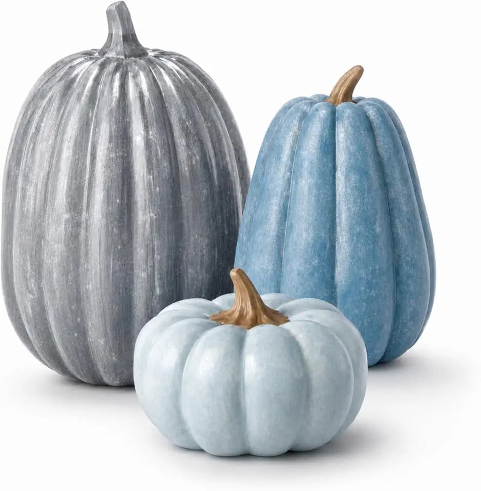 Janinka 3 Pcs Fall Pumpkin Decor Fake Pumpkin Figurines Fall Thanksgiving Pumpkins for Home Decor Farmhouse Harvest Halloween Table Centerpiece (Blue)