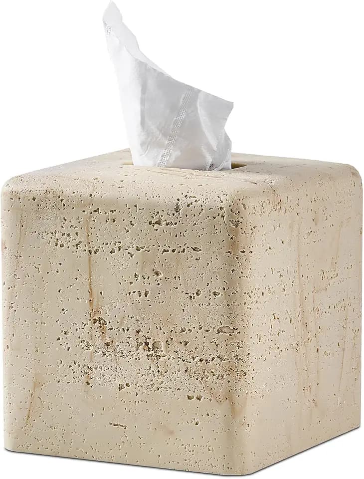 Natural Travertine Textures Tissue Box Cover Square for Home Decor,Resin Heavy Tissue Box Holder for Bathroom Countertop,Tabletop,Bedside Table,Office (Handmade of Resin)
