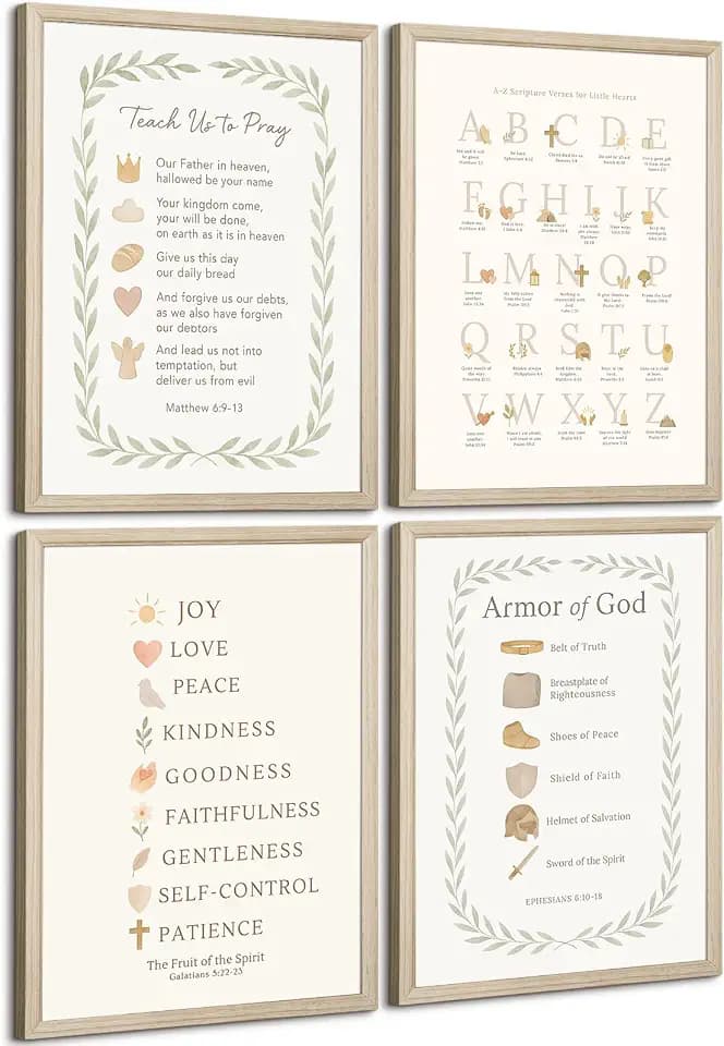 Kids Playroom Wall Art Decor Bible Verse Canvas Poster Abc Alphabet Wall Decor Christian Scripture Pictures Toddler Nursery Prints Children Educational Artwork for Kids Play Room 8x10 Inch Wood Framed