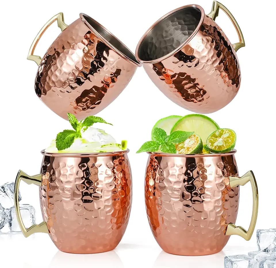 Amrules 4 Pcs 16oz Moscow Mule Mugs Hammered with Angled Handle, Copper
