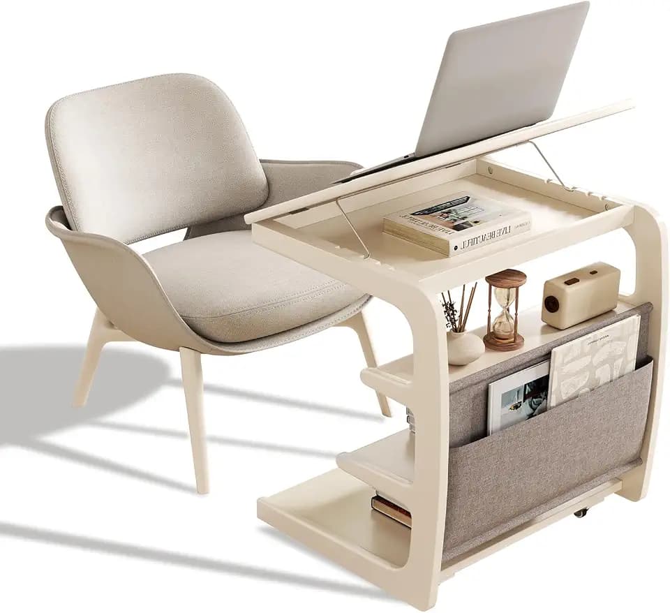 AQIMUELE Rolling Side Table, C Shaped End Table, C Table with 4 Wheels Solid Wood Small Rolling Desk with Adjustable Desktop,C Shaped End Table for Couch,Home Office(15.6" D x 23.6" W x 24.3" H)