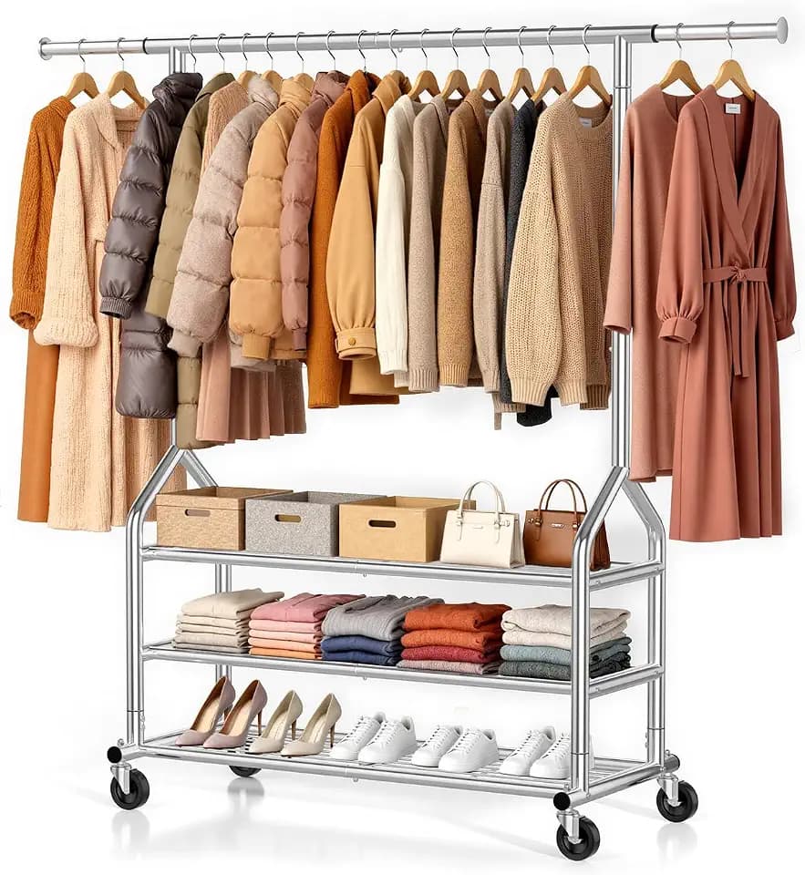 EAGMAK Heavy Duty Clothing Rack, Rolling Clothes Rack, 3 Shelves, Silver