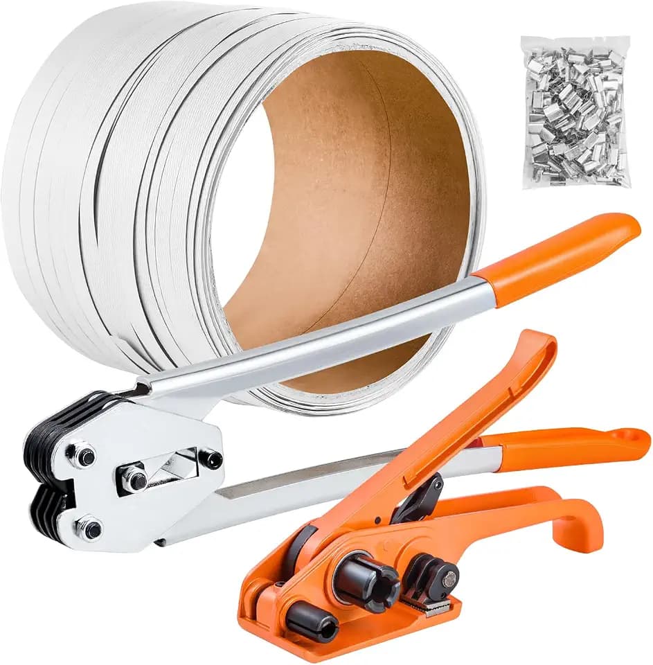 VEVOR Banding Strapping Kit, Heavy Duty Banding Sealer Tool with 330 ft Length PP Band, 100 Metal Seals, Plastic Manual Pallet Packaging Strapping Kit for Warehouse/Shipping/Moving/Home, Orange