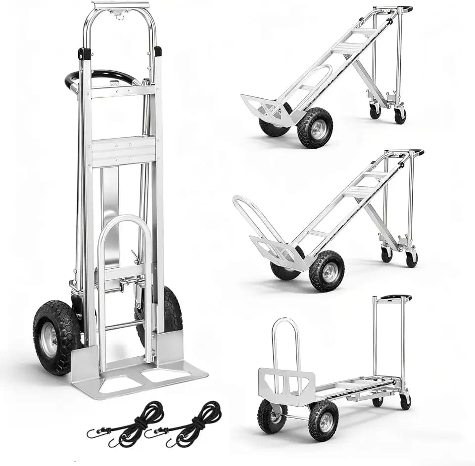 Aluminum 4 in 1 Convertible Hand Truck Dolly, 1000Lbs Capacity, Heavy Duty Folding Hand Truck Dolly Cart with Wheels 10" All-Terrain Tires, Hand Trucks for Logistics, Home, Office, School, Silver