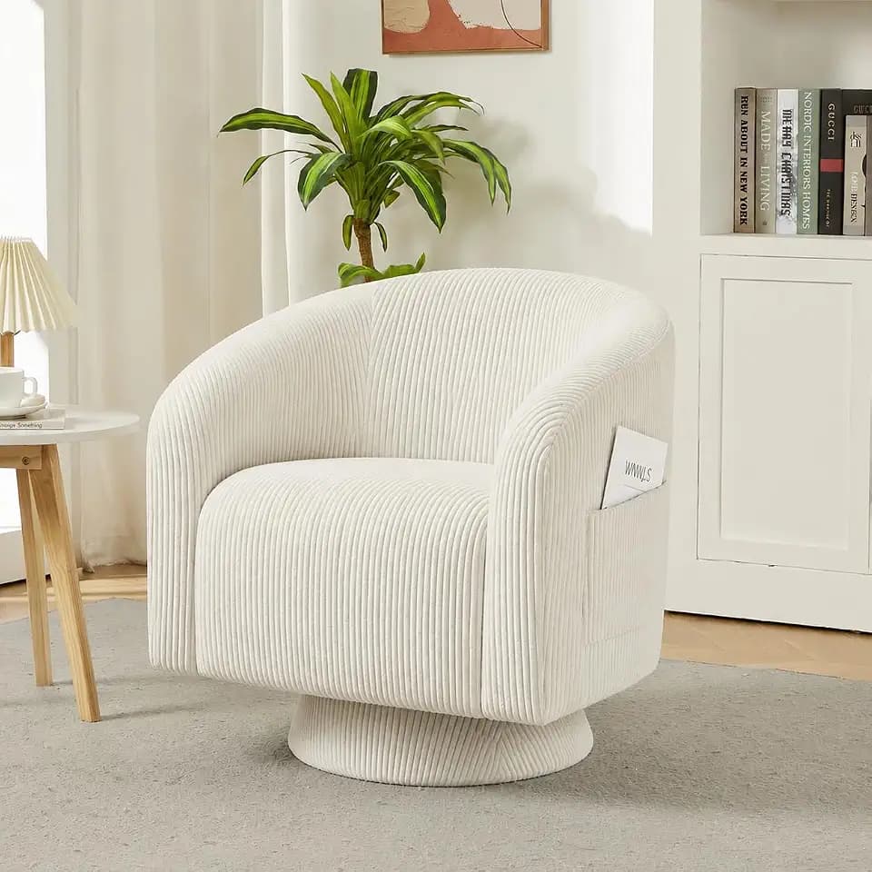 Garvee Swivel Accent Chair Upholstered Corduroy Barrel Chair with 360 Degree Swivel Engineered Wood Base Round Armchair for Living Room Bedroom Reading Room(Beige)