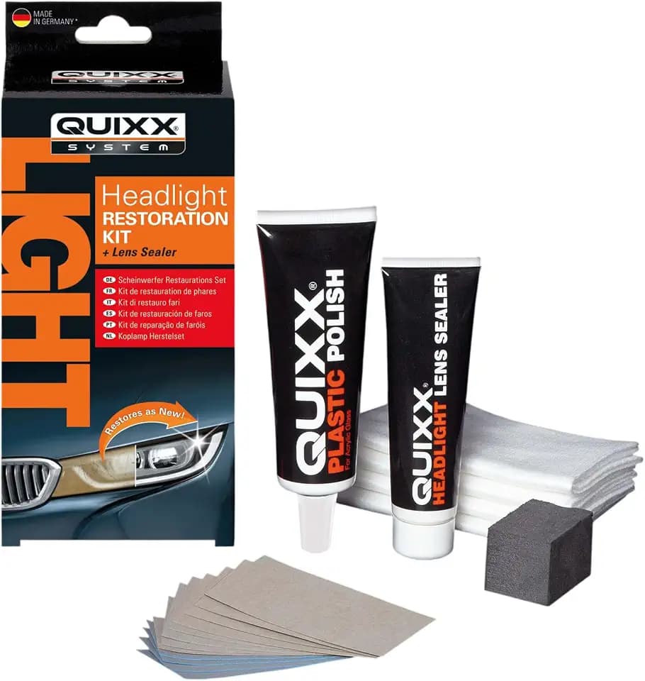 QUIXX Scheinwerfer Restaurations Set Aufbereitungs-Kit, zur Entfernung von Vergilbungen und Kratzern an Scheinwerfern, 50g