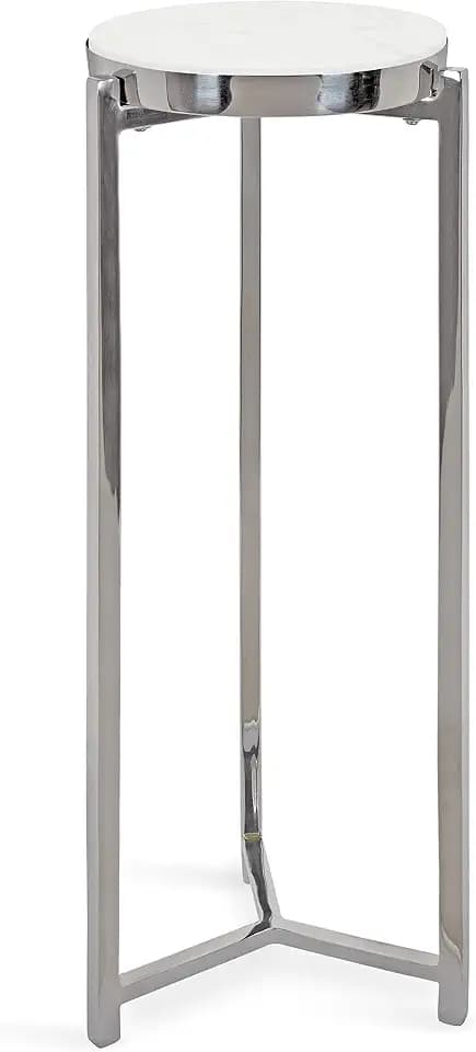 Kate and Laurel Aguilar Glam Round Drink Table, 8 x 8 x 23, Silver and White, Small Accent Table for Use as Plant Pedestal Stand with Marble Tabletop