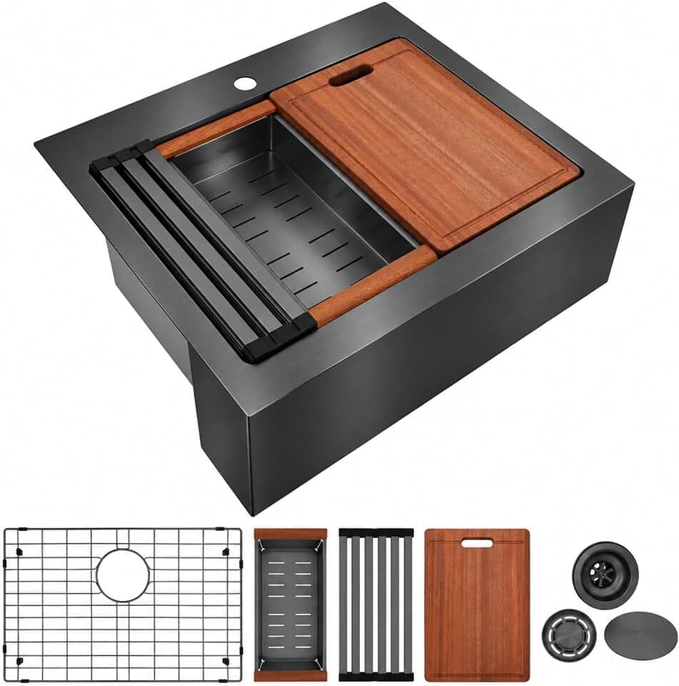 26 Inch Black Farmhouse Sink,16 Gauge Drop-In Apron Front Sink
