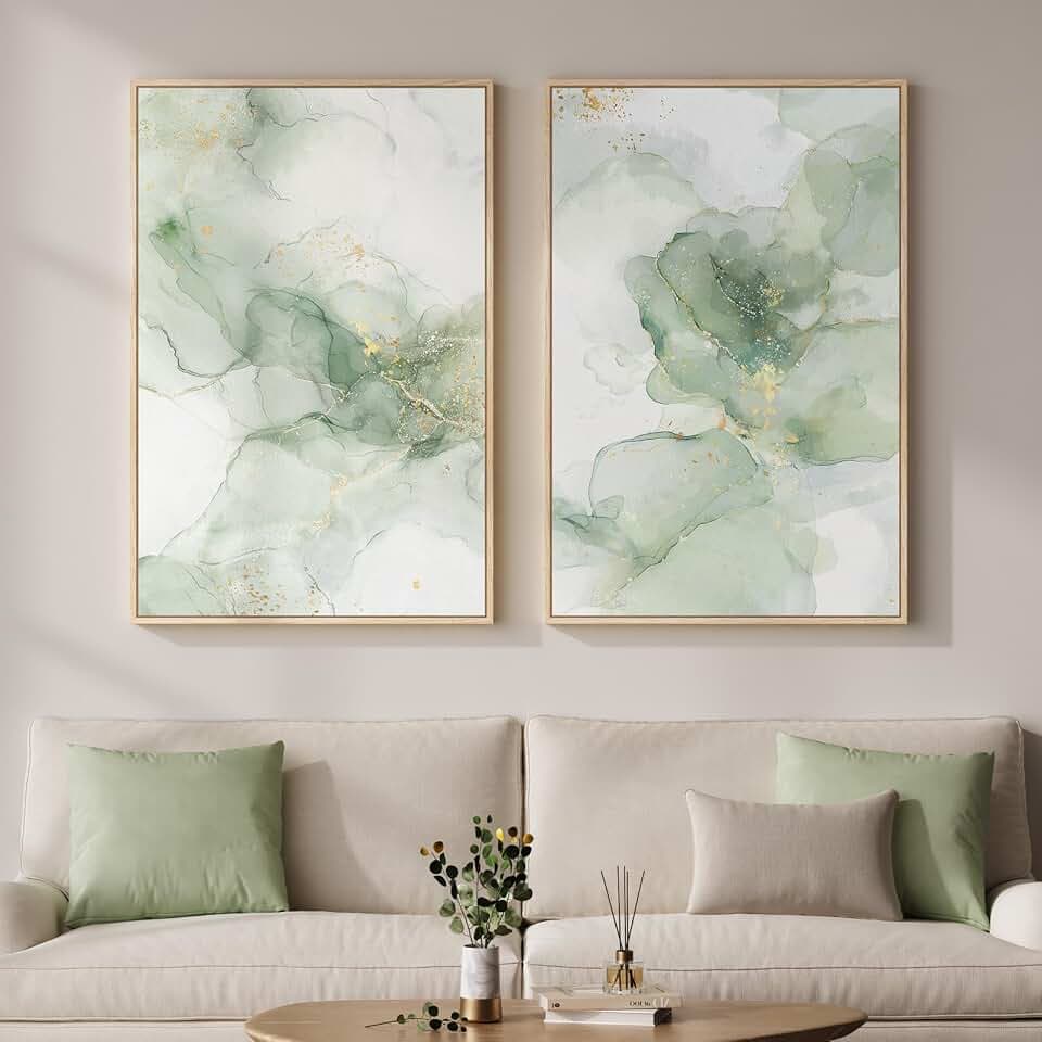 Framed Sage Green Gold Abstract Modern Wall Art for Living Room, 24x36 Inch