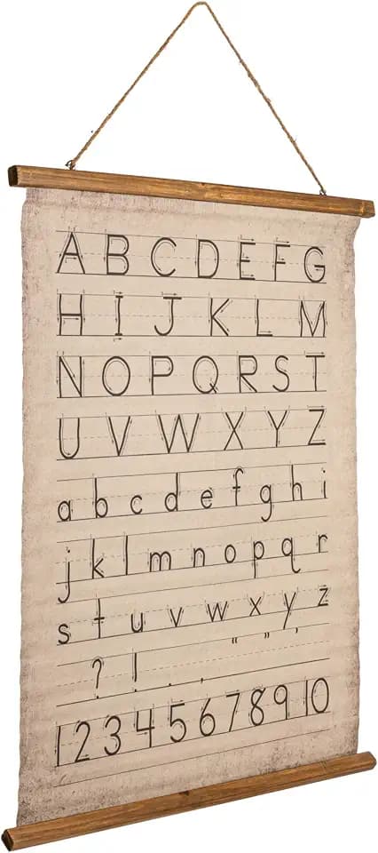 Creative Co-Op Canvas and Wood Scroll Wall Décor with Alphabet, Numbers, and Jute Hanger, Multicolor