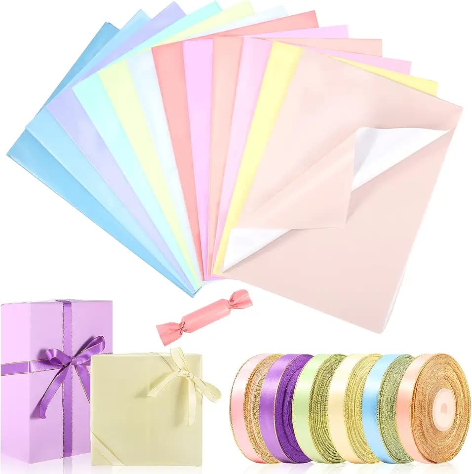 Kolldenn 66 Pcs Wrapping Paper Ribbon Set 60 Sheet Multicolor Gift Copper Paper 20 x 28 Inch and 6 Roll Satin Ribbon for Christmas Birthday Weddings Baby Shower Crafts DIY Wraps Gift(Macaron Color)