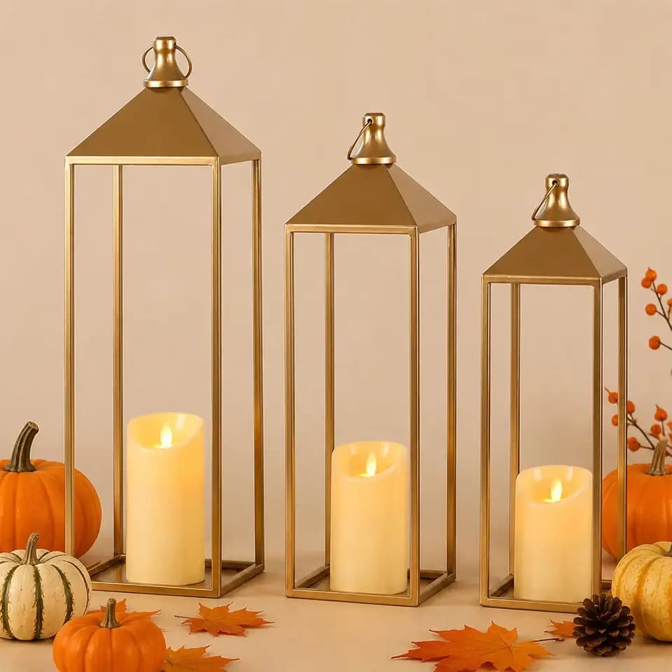 3 Pcs Large Gold Decorative Lanterns with Candles, Metal Candle Lantern