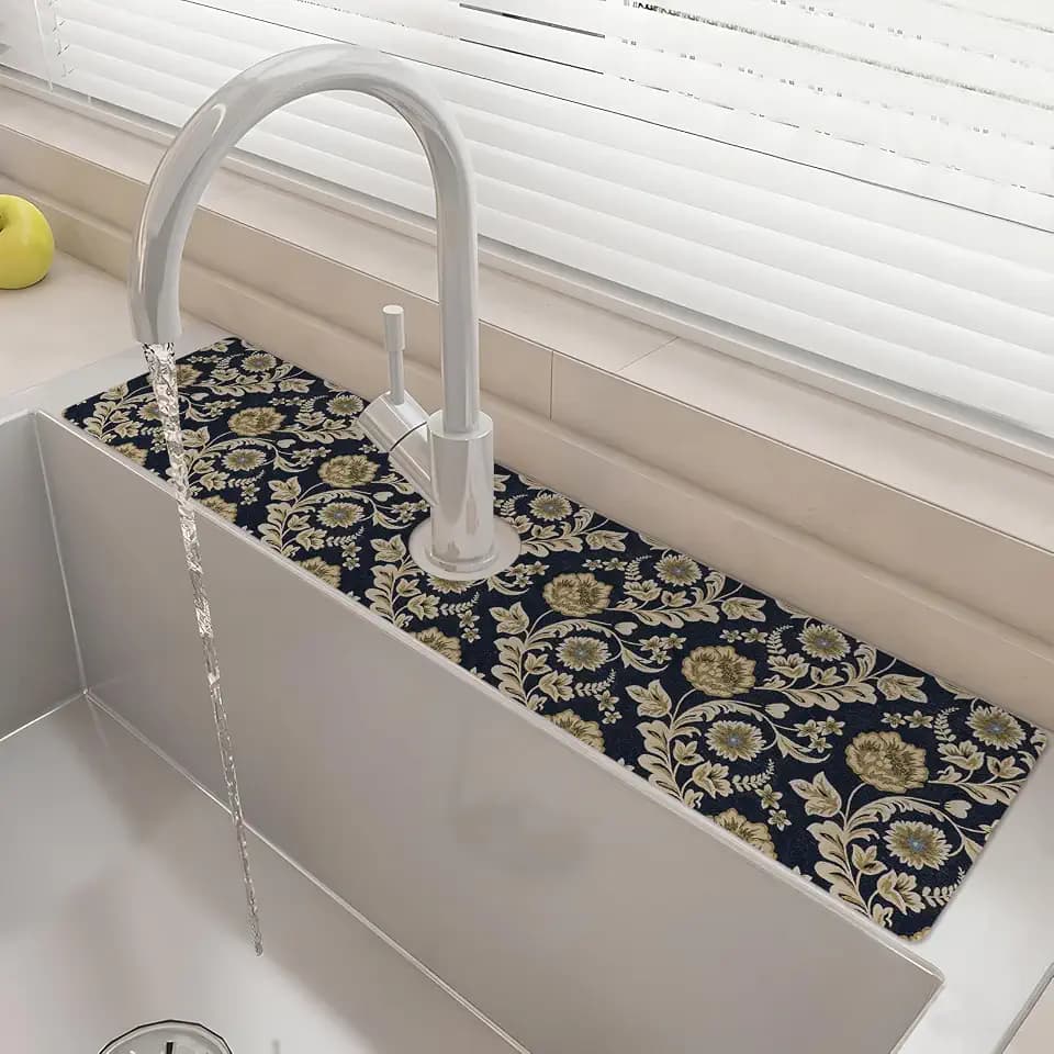 24" X 5.5" Kitchen Sink Splash Guard Faucet Mat Floral Flower Super Absorbent Fast Drying Faucet Guard & Draining Mat Sink Splash Guard Behind Faucet for Kitchen, Bathroom