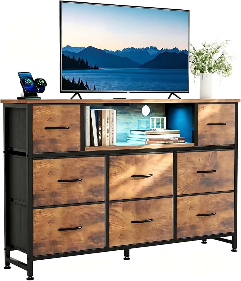 DUMOS LED TV Stand Dresser with Charging Station, Entertainment Center